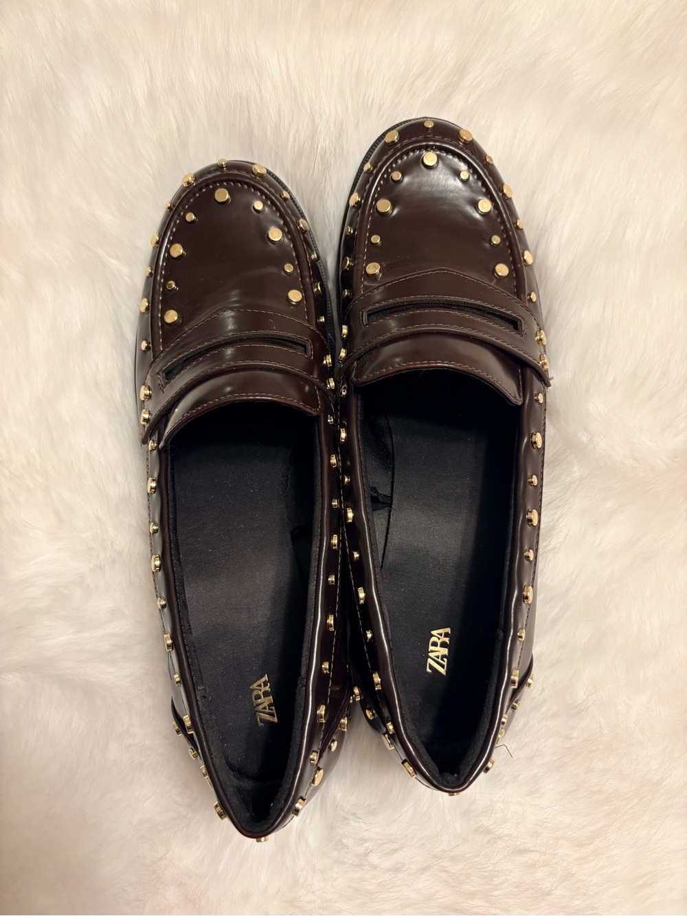 ZARA Brown Leather Loafers with Gold Studs